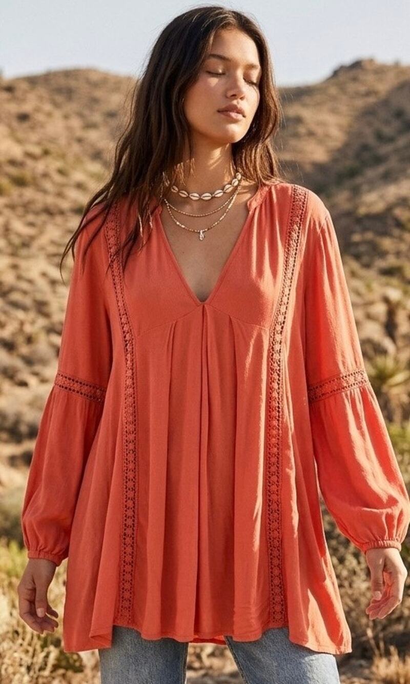 En Crème Medium Coral Lace Inset Long Tunic Cottagecore Top Boho